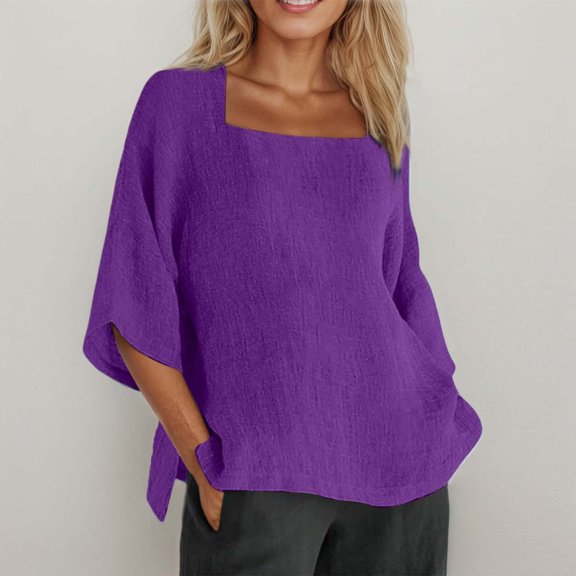 Letdown Women's Casual Short Sleeve Loose Blouse Square Neck Solid Color Summer Beach Vacation Top (PP2,S)