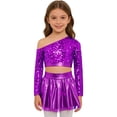 thumbnail image 5 of iiniim Girls Sparkly Latin Hip Hop Jazz Dance Outfit Long Sleeve Sequin Crop Top with Metallic Tutu Skirt Purple 14, 5 of 7
