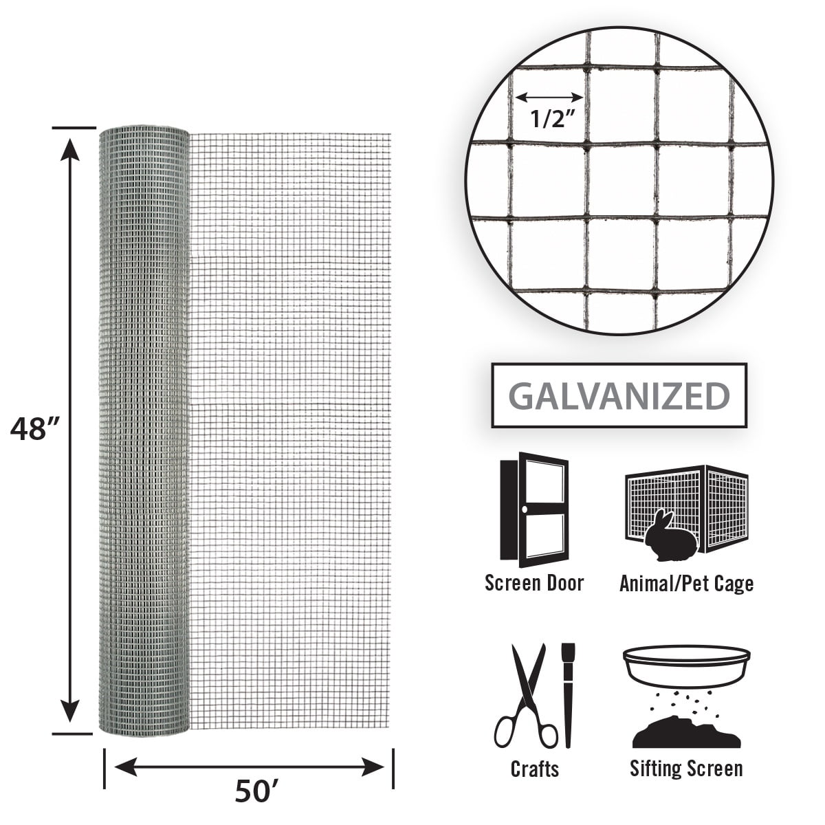 48in H x 50ft L Galvanized Hardware Cloth with 1/2in Openings
