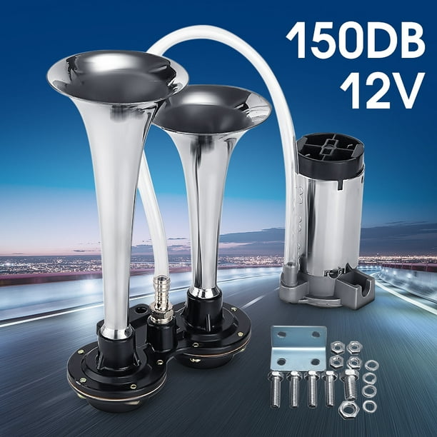 150DB 12V Chrome Dual Trumpet Air Horn + Compressor Kits Train Truck Car Boat Universal