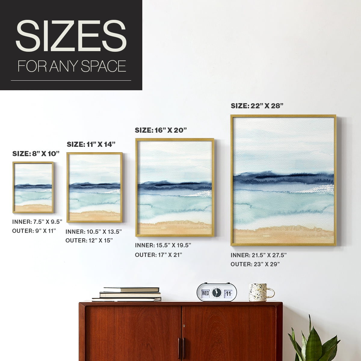 Watercolor Ocean Horizon II Framed Print in Gold Solid Wood 16 x 20 Framed Print