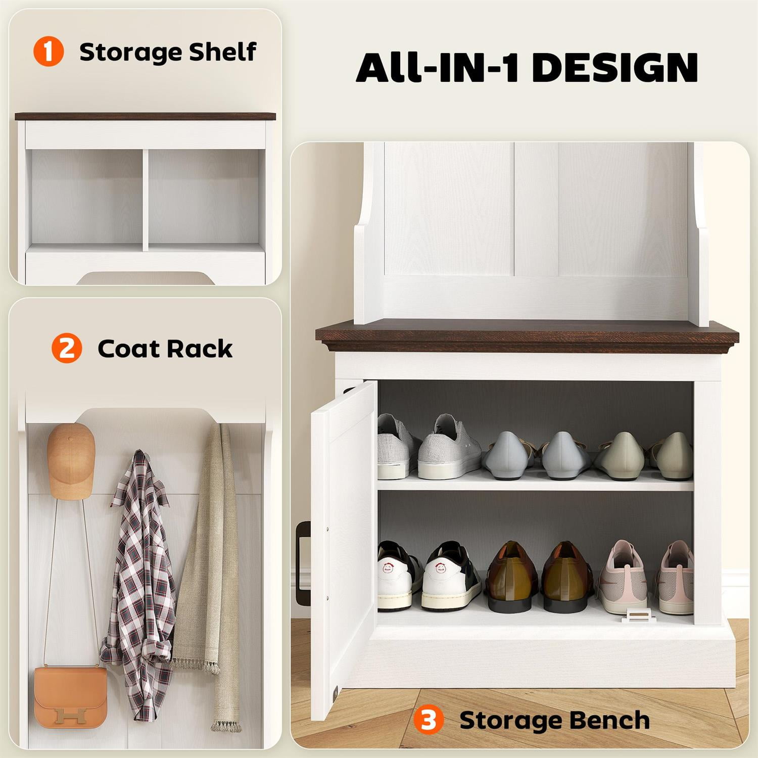 Demi Bonn 70" Hall Tree Shoe Storage Bench with Coat Rack, Multi-Functional Storage for Entryway, Compact Space Saving Solution, White