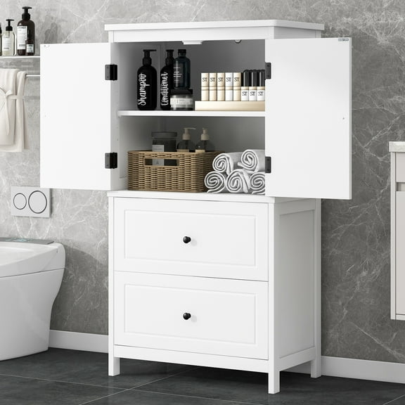 EUROCO Bathroom Floor Storage Cabinet,Bathroom Storage Unit,Freestanding Cabinet with 2 Drawers and 2 Doors,Adjustable Shelf,11.8 x 23.6 x 43.3 Inches,White