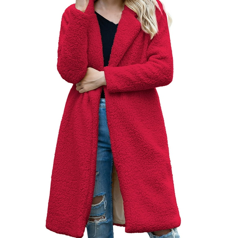 MRULIC coat for women Ladies Fashion Solid Color Long sleeved Mid length Lamb Velvet Coat Plus Size Coat Red XL