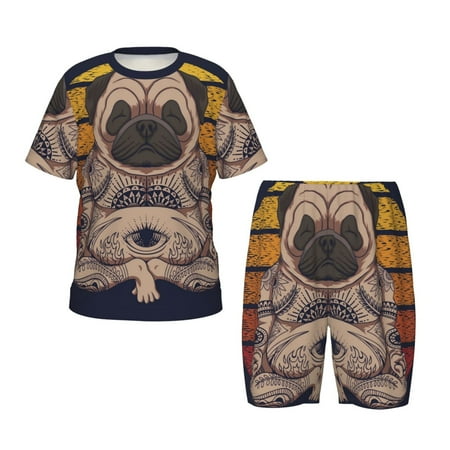 Sikiie Pug dog Yoga Print Children s Short-sleeved Pajamas Set  Round Neck Top with Elastic Waist and Shorts  Two-piece Set  Suitable for Pajamas and Home Clothes-X-Large