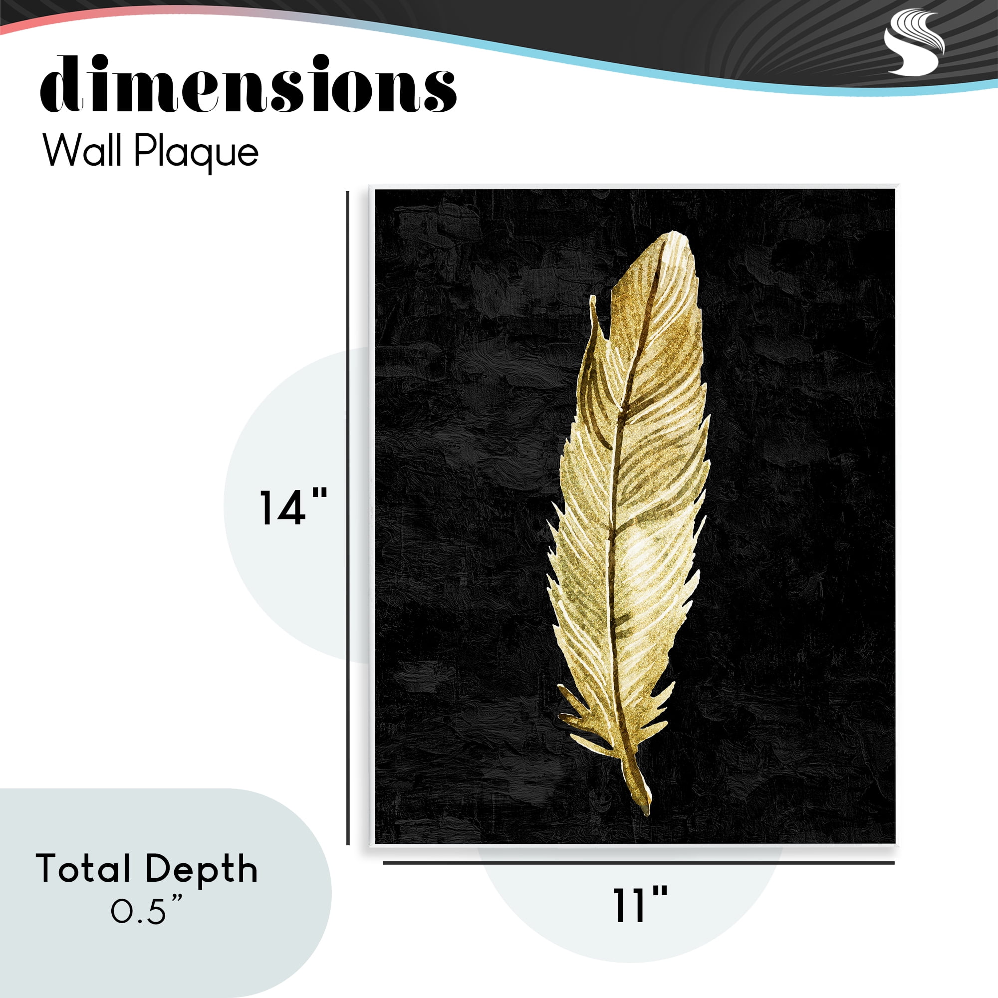 Curved Feather on Black Wall Plaque Art, design by Kim Allen
