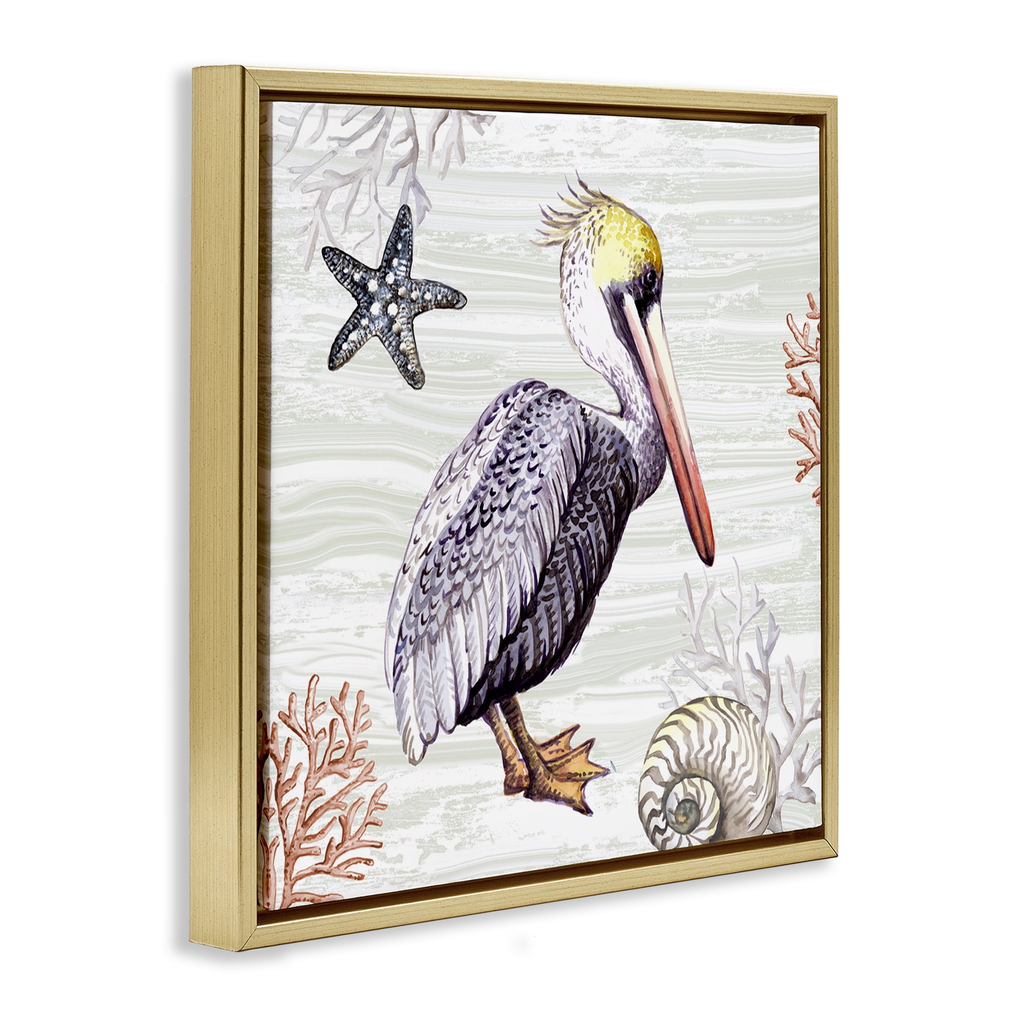 Stupell Industries Beach Bird Pelican Animals Painting Gold Floater Framed Canvas Art Print Wall Art, 18 x 18