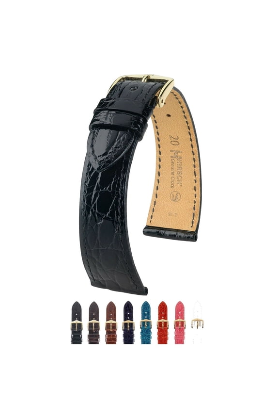 Genuine Croco Leather Watch Strap - Polished Black - M - 20mm - Shiny Gold Buckle - Caiman Crocodile Leather Band