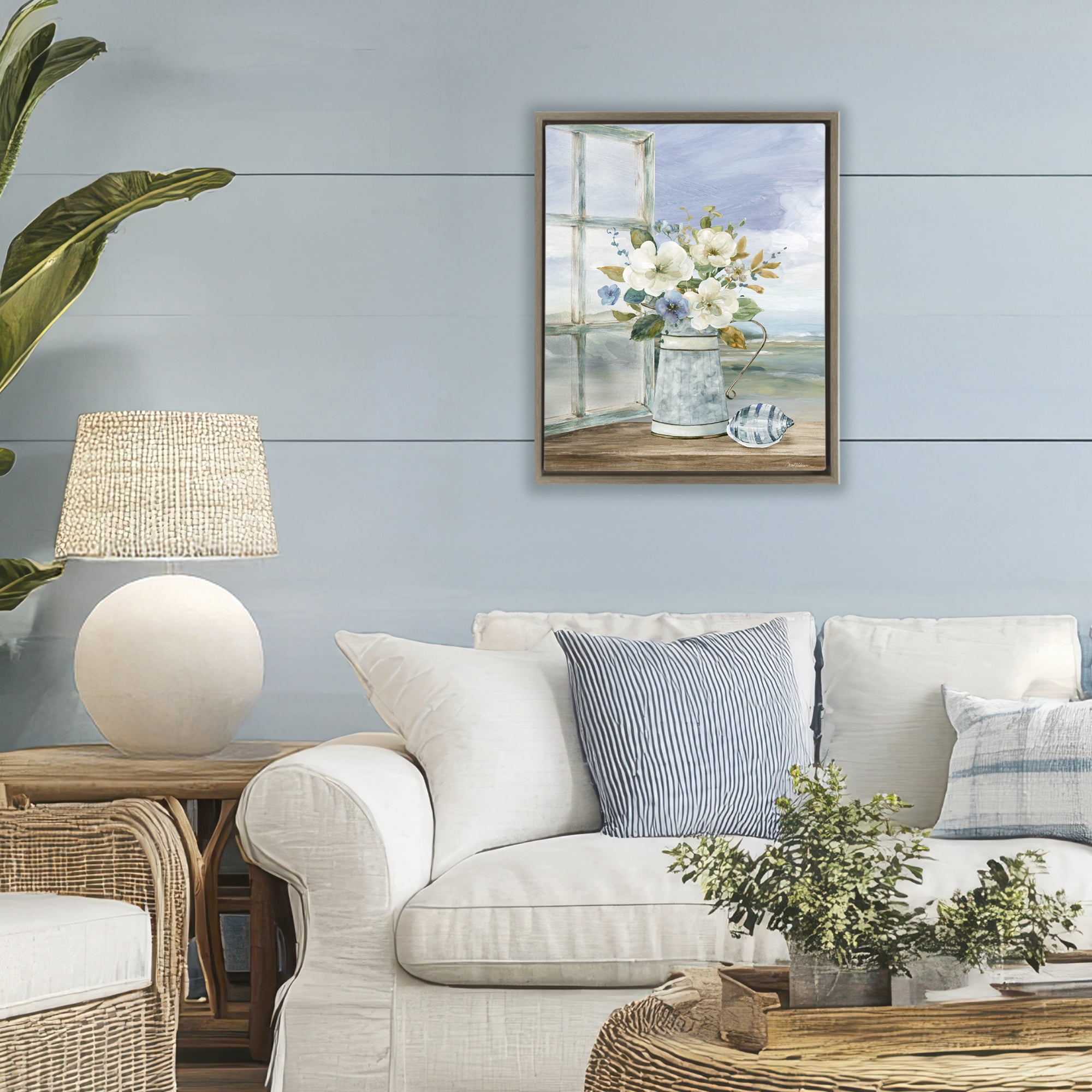 Stupell Industries Seaside Floral Bouquet Window Brown Framed Floater Canvas Wall Art, design by Carol Robinson