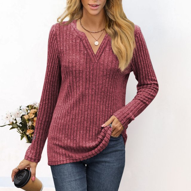 Hauts pour Femmes Mode Hauts Décontractés à Manches Longues Col en V Unis Hauts de Sortie Blouse