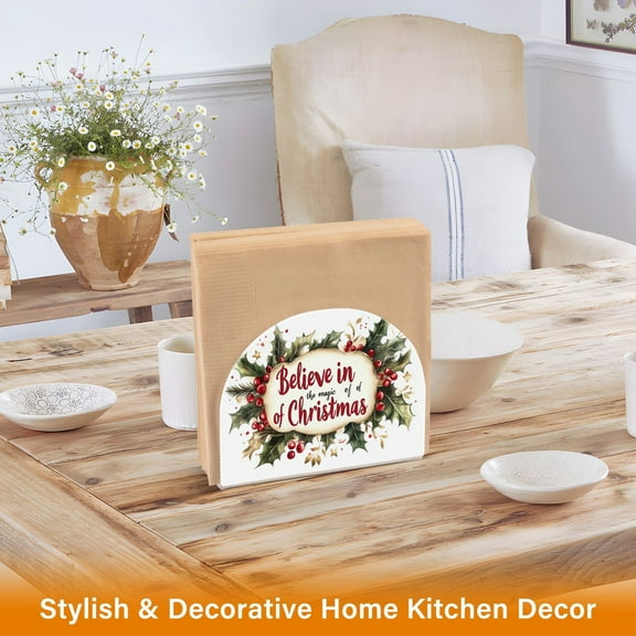 BZSMCE Napkin holder Creative Red Merry Christmas Deisgn Wreath Classic Napkin Holders for Tables, Dining Table Napkin Holders for Kitchen