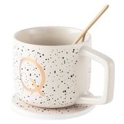 Thyme & Table Monogram Q Stoneware Mug Set with Coaster and Gold Stir Spoon, 13.5 fl oz