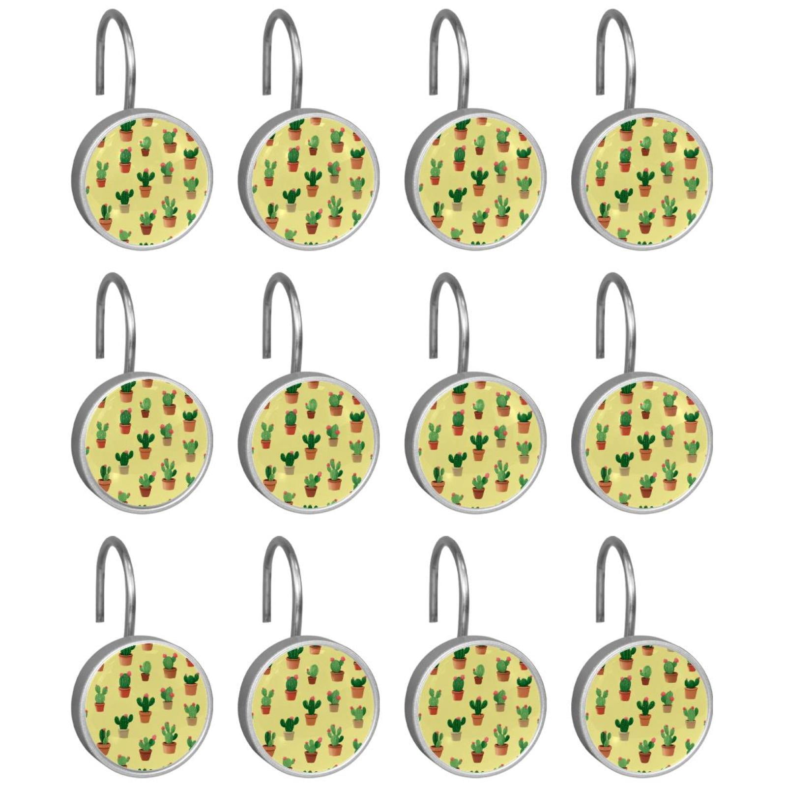 12pcs Decorative Shower Curtain Hooks, Rust Resistant Shower Rings for Bathroom Living Room,Rustproof Stainless Steel Rings for Shower Curtain and Liner Rods,Cactus Yellow Pattern
