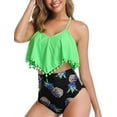 thumbnail image 3 of Women High Waisted Bikini Ruffle Swimsuit Flounce Pom Pom Trim Two Piece Bathing Suit Fluorescent Green (L, 3 of 6