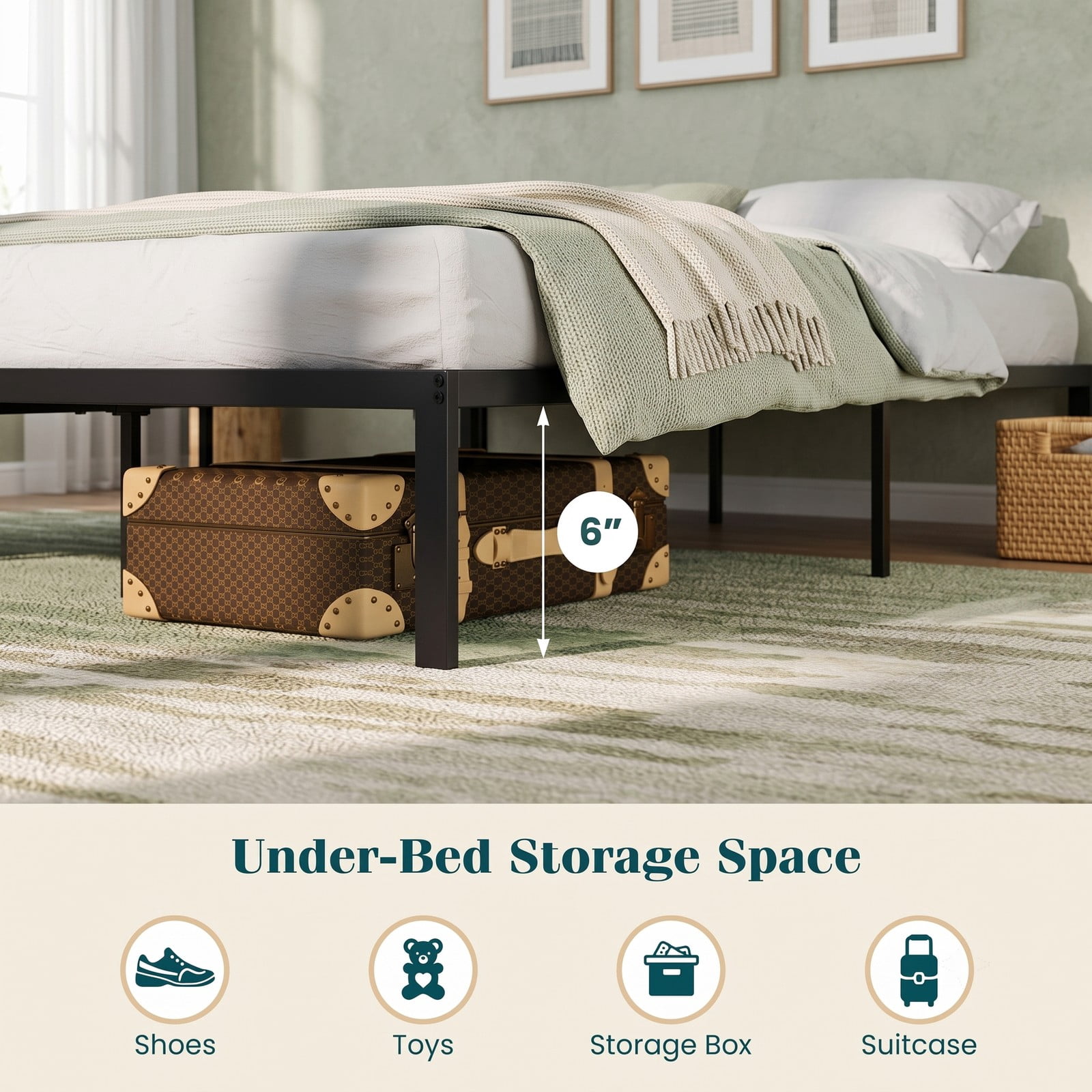 Furnibear Queen Size Metal Bed Frame with Heavy Duty Slat Support and Extra Center Legs, Platform Bed Frame No Box Spring, Black
