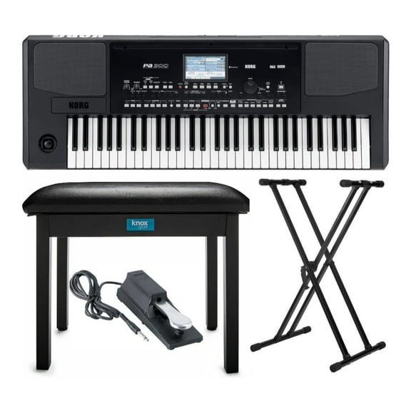 KORG Pa300 61-Key Professional Arranger Keyboard Bundle with Flip-Top Piano Bench, Adjustable Double-X Keyboard Stand, & Damper Pedal (4 Items)
