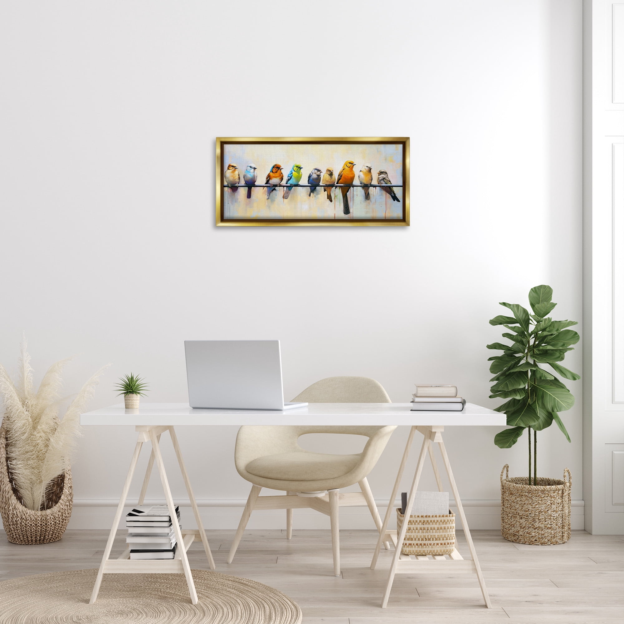 Stupell Industries Modern Birds Perched Animals & Insects Painting Gold Floater Framed Canvas Art Print Wall Art, 31 x 14