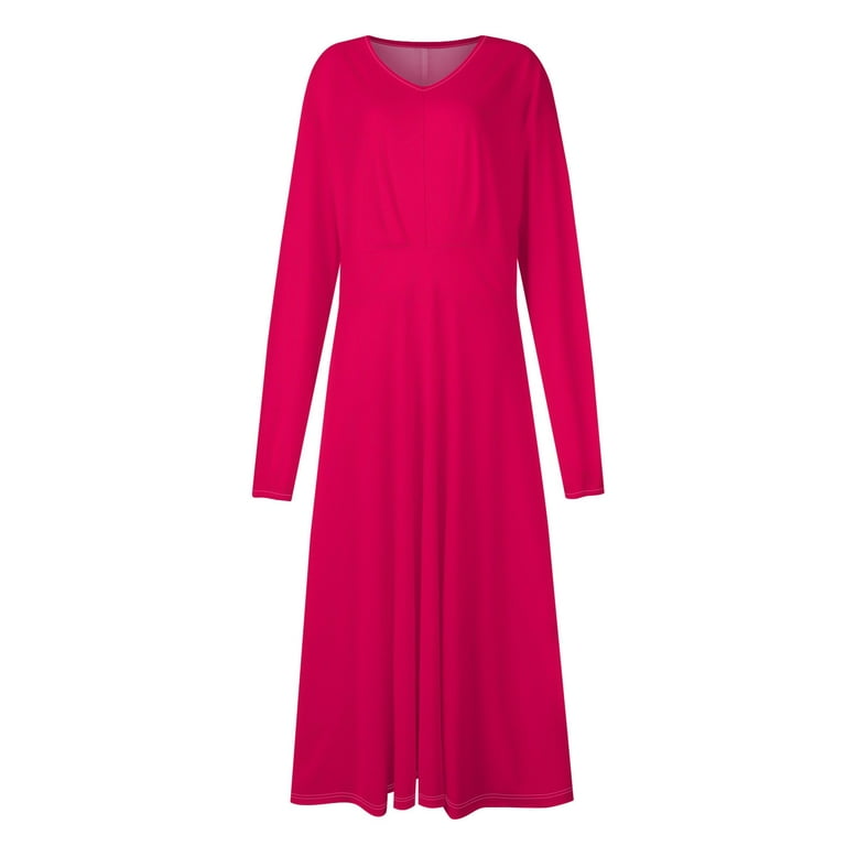 Women's Autumn Winter Casual V-Neck Long Sleeve Solid Color Long Dress,  Fuchsia, Size S