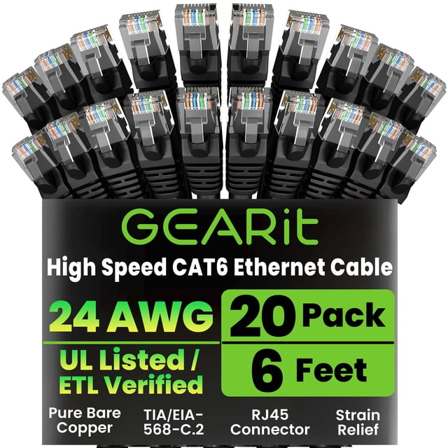 Cable Ethernet GEARit Cat 6 Paquete de 20 Unidades 1.8 m RJ45 10 Gbps