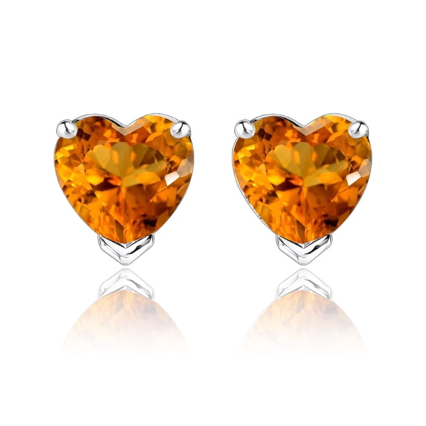 JeenMata Hermosos Aretes Tipo Botón con Corte de Corazón de 1 Quilate, Citrino (Piedra Natal de Noviembre) en Baño de Oro Blanco de 18 K sobre Plata