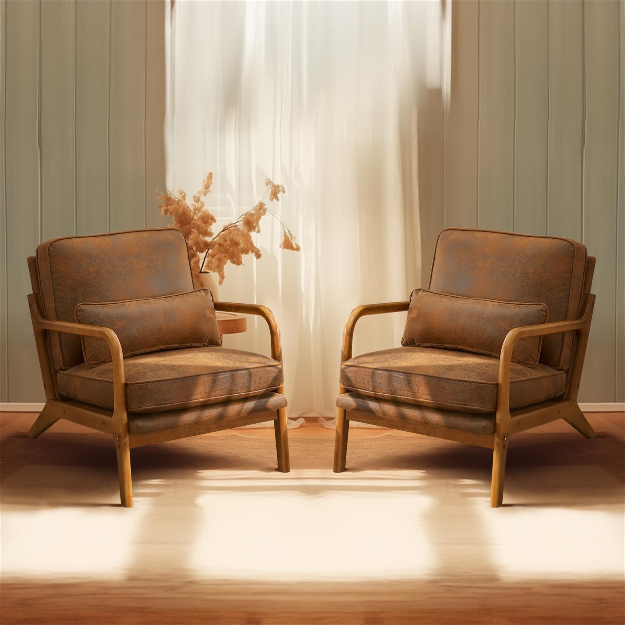 Aukfa Mid Century Modern Accent Chair w/ Lumbar Pillow for Living Room, Wood Frame, Leather, Brown