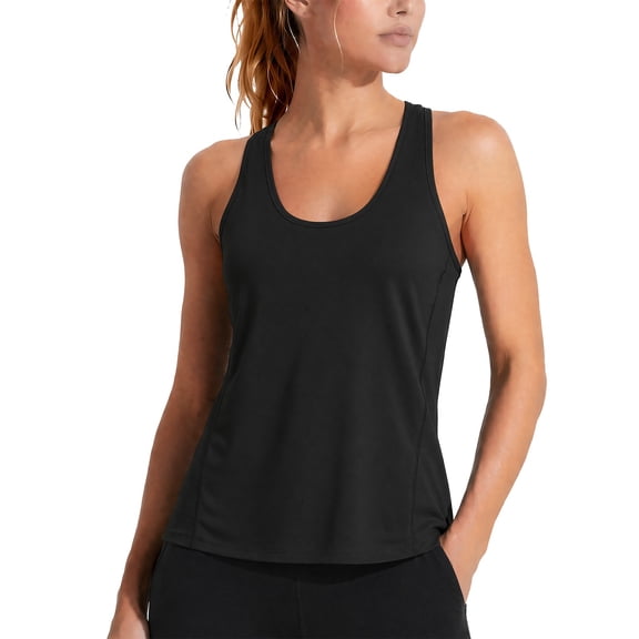 BODOAO Women's Athletic Racerback Tank Top Sleeveless Scoop Neck Workout Shirt, Lightweight Fitted Sports Top for Yoga Running Gym Training Fitness and Summer Casual Wear Black L
