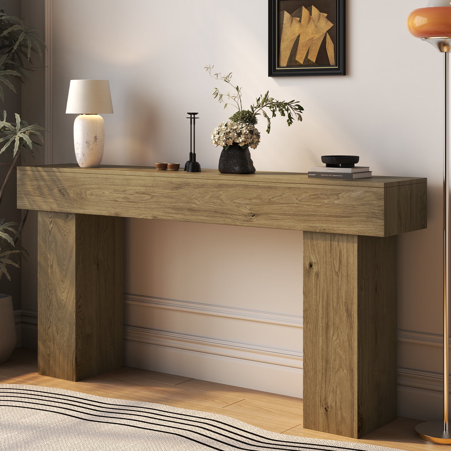 Doubleslee 63 Inch Long Console Table, Farmhouse Wood Entryway Table Behind Couch, Industrial Hallway Accent Table for Living Room（Natural)