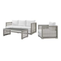Contemporary Modern Urban Designer Outdoor Patio Balcony Garden Furniture Lounge Sofa, Chair and Coffee Table Set, Rattan Wicker Fabric, Grey Gray White