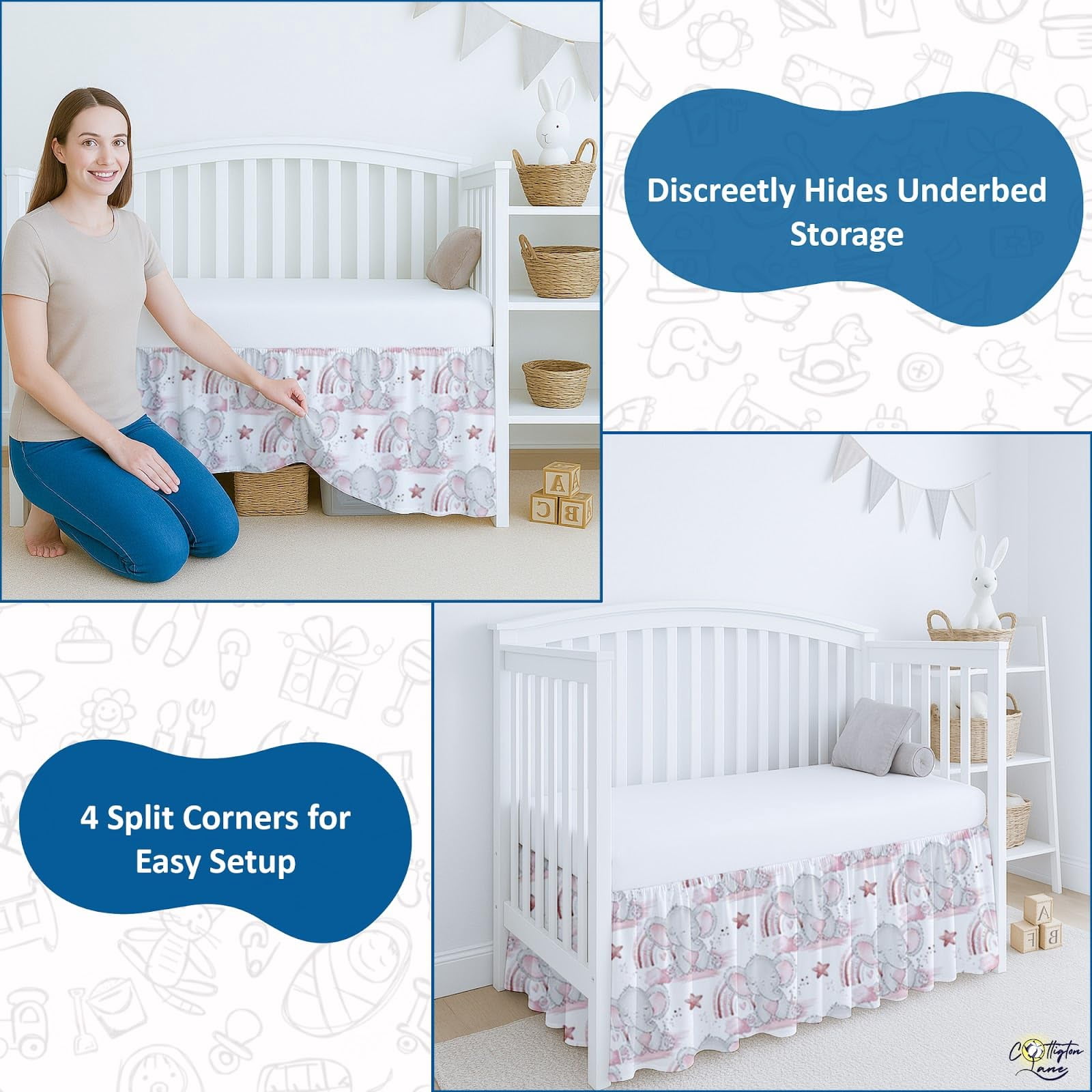 Skirt Dust Ruffle  Soft & Durable Bedding For Or Fits Standard 28" X 52" With 14" Drop Classic Ruffled Design Cute Elephant