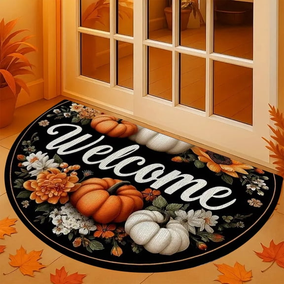 SHENGXINY Halloween Decor Bathroom Rug for Entryway Door Mat Velvet Thanksgiving Pumpkin Half Round Floor Mat
