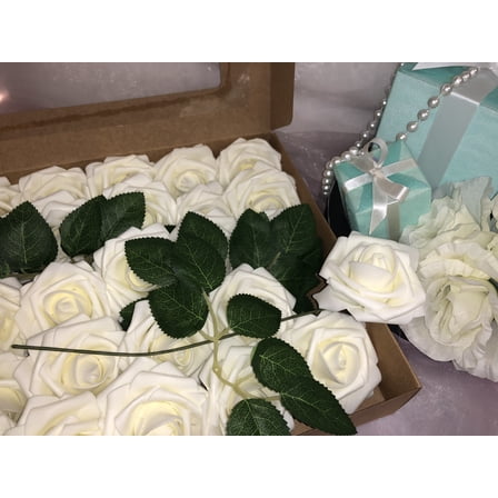 Artificial Flowers Ivory Roses 25pcs Real Looking Fake W/Stem Rose Head Wedding