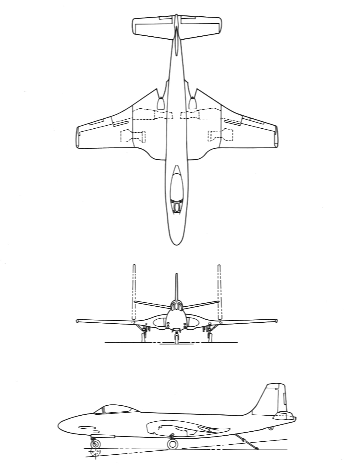 3-view drawing of the McDonnell F2H-3 Banshee.-20 Inch By 30 Inch