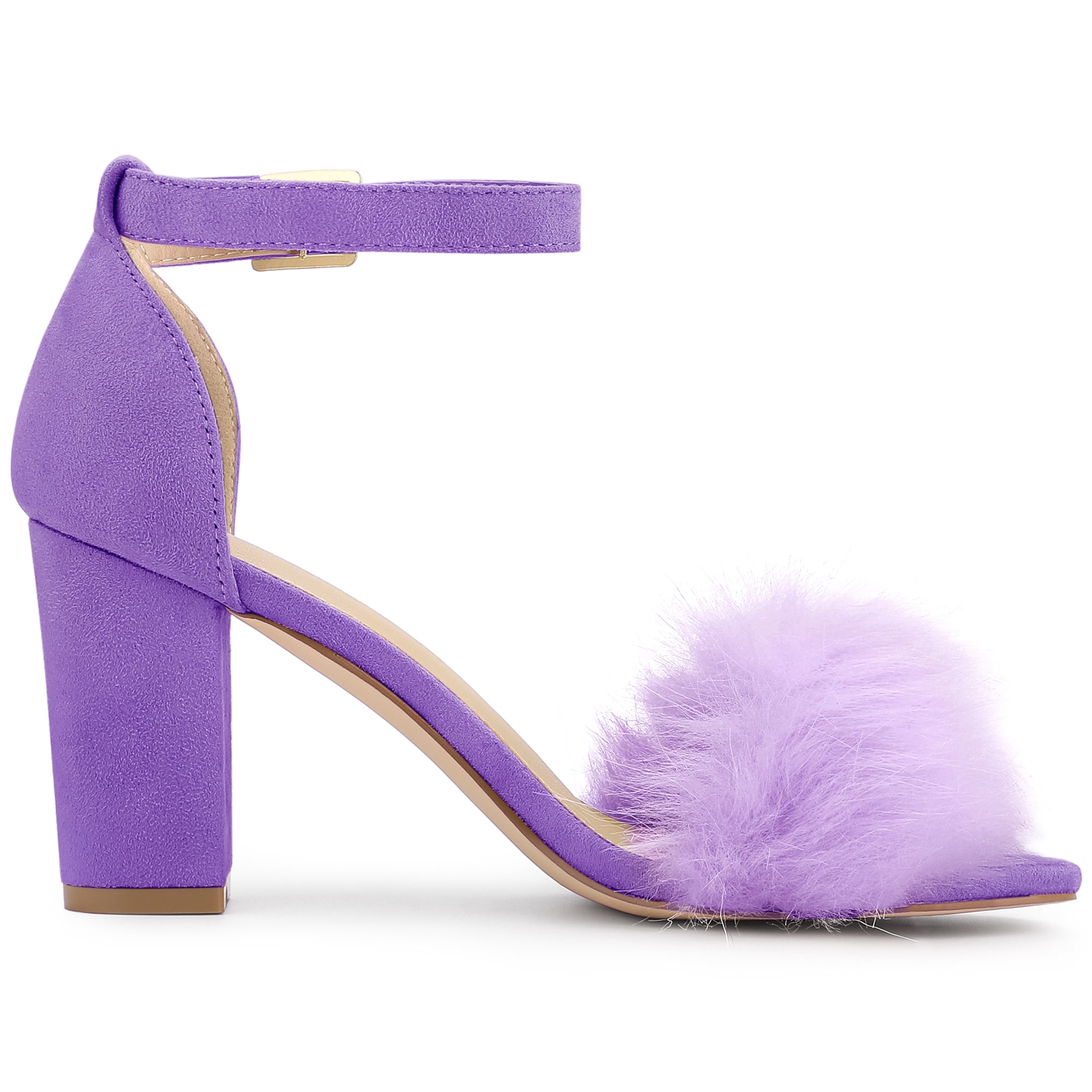 DARING DIVA Women's Ankle Strap Faux Fur Block Heels Beige Sandals for Wear Purple 11