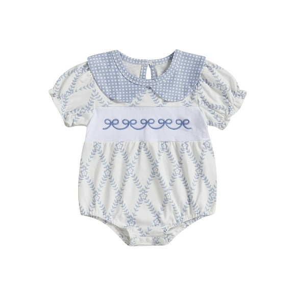 SUNSIOM Baby Girl Romper for Summer Loose Fit Bow Embroidery Ruffled Trim Doll Collar Bubble Short Sleeve Infant Jumpsuit