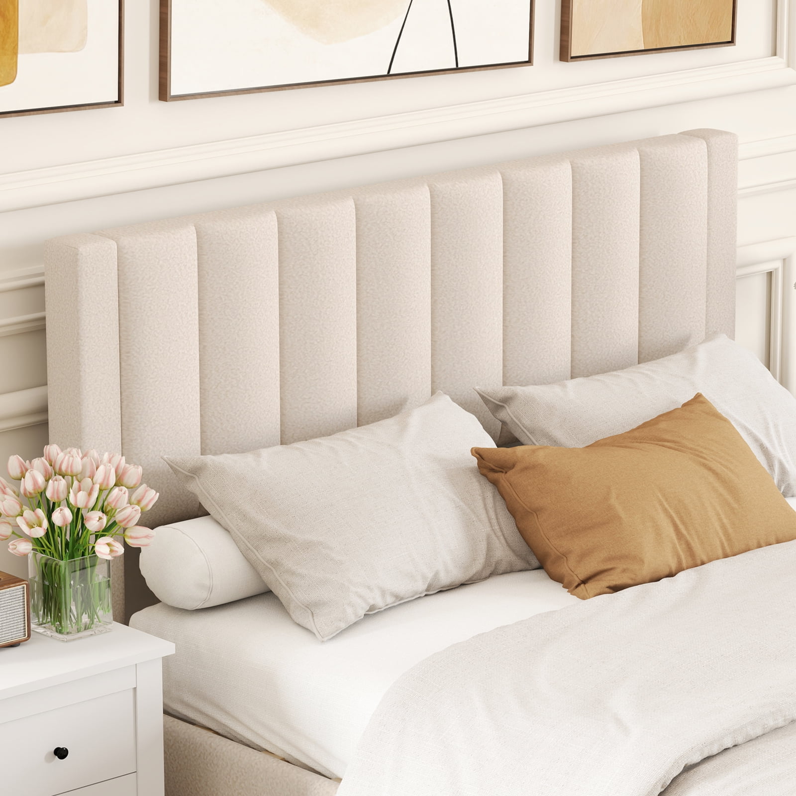 Gymax Queen Size Bed Frame w/Storage Drawer & Vertical Channel Headboard Beige