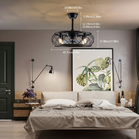 4-light Retro Metal Cage Ceiling Fan Light Flush Mount Timing Fan Lamp with Remote Control Fan Light Without Bulb