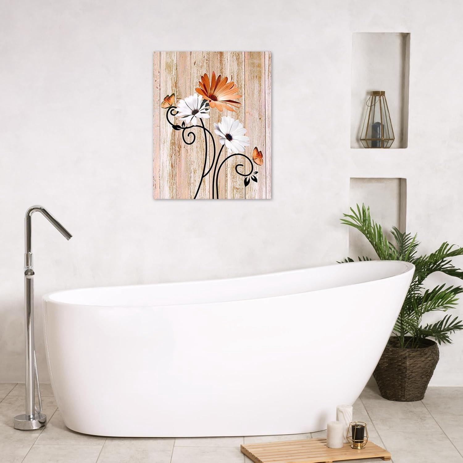 Floral Canvas Wall Art - Daisy & Butterfly Botanical Wall Decor, Rustic Farmhouse Pictures for Living Room, Bedroom, Bathroom & Home Office