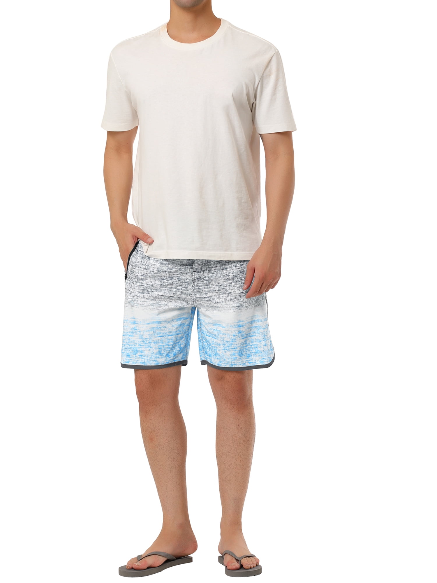 Unique Bargains Men's Summer Drawstring Contrast Color Printed Beach Boardshorts 34 Gray Blue