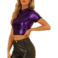 thumbnail image 4 of INSPIRAR CHIC Top Corto de Lentejuelas para Mujeres, Brillo Navideño, Camiseta Brillante de Manga Corta, Blusa de Club, Morado L, 4 of 6