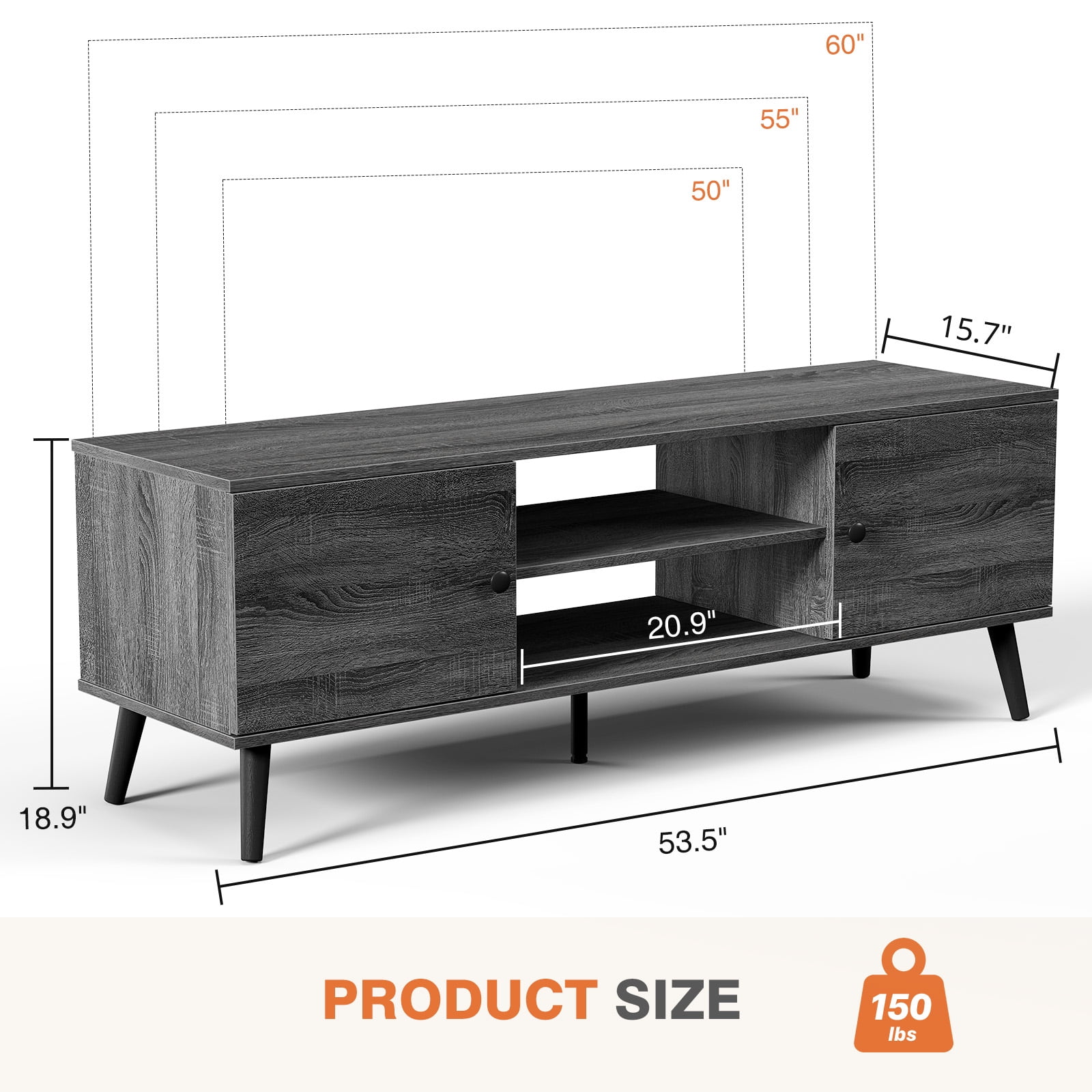 EDX Retro-Modern TV Stand, Mid-Century Media Console with Soft-Close Cabinets & Adjustable Shelves, Engineered Wood TV Cabinet for 50-65 Inch TVs, Grey Wood Grain