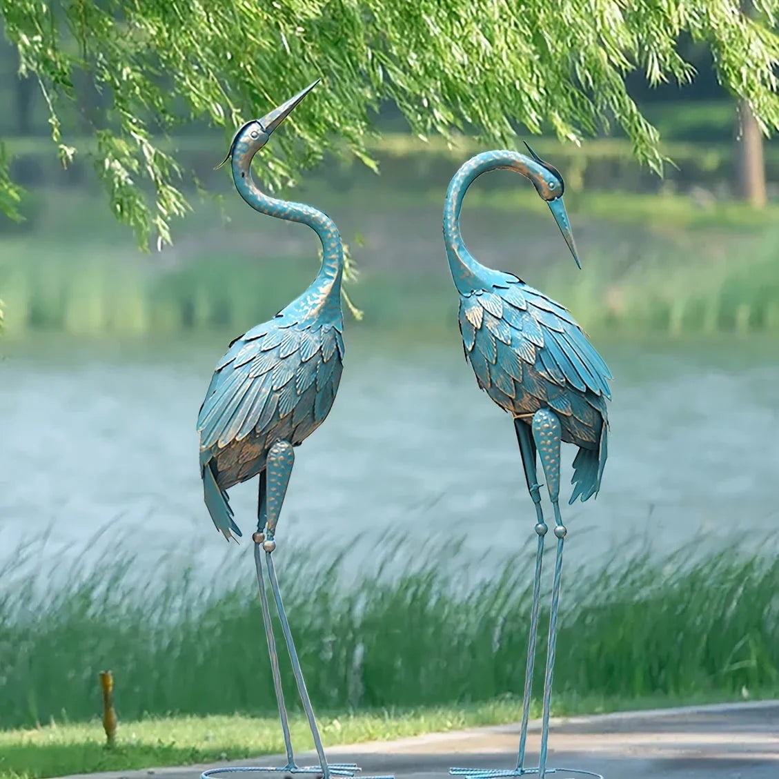 House of Avana Blue Metal Crane Garden Statues Elegant Outdoor Decor