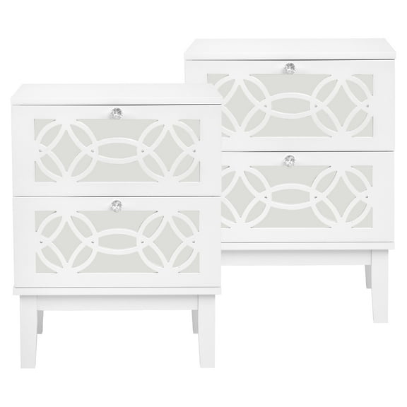 Zimtown Modern Farmhouse 2-Drawer Nightstand Bedside Table Single with Carved Decorative Mirror, White 2pc