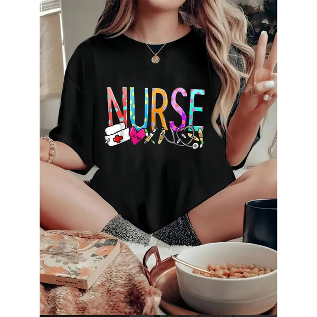Women's Fun & Creative Colorful Nurse-Themed Graphic Tee - Casual Round Neck Short Sleeve, Stretchy Polyester Blend, Machine Washable - Perfect for SummerFather's Day, Mother's Day, New Year, Spring