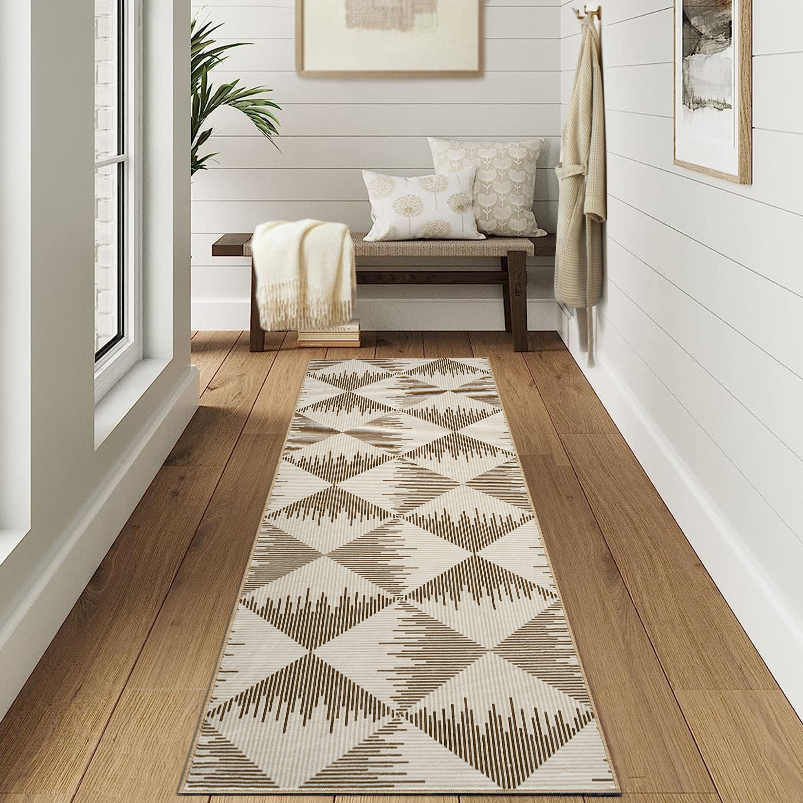 2x6 Washable Runner Rug for Living Room Non Slip Low Pile Modern Geometric Farmhouse Carpets for Bedroom Hallway Entryway Beige