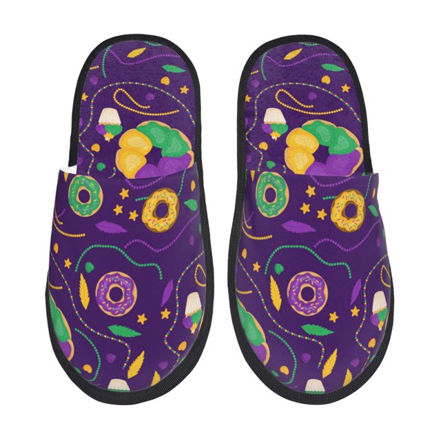 Fotbe Mardi Gras and Donuts Pantuflas Peludas para Mujer con Estampado, Zapatillas de Peluche, Zapatos de Invierno para Casa, Uso Interior y Exterior-Medium