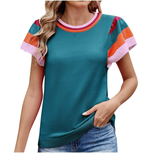 hotojiny Womens Summer Tops Fashion Color Block Ruffle Short Sleeve T Shirts Casual Crew Neck Basic Tee 2025 Trendy Outfits