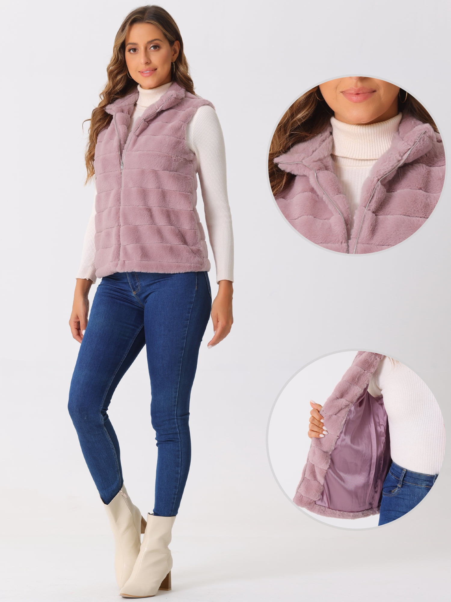 DARING DIVA Women's Stand Collar Fluffy Vest Faux Fur Sleeveless Coat S Pink