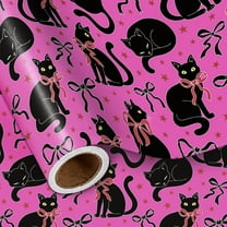 Black Cat Wrapping Paper Roll, Black Red Bows Hot Pink Background Gift Wrap for Birthday Valentines Cat Lovers, Mini Roll 17 Inches X 16.4 Feet