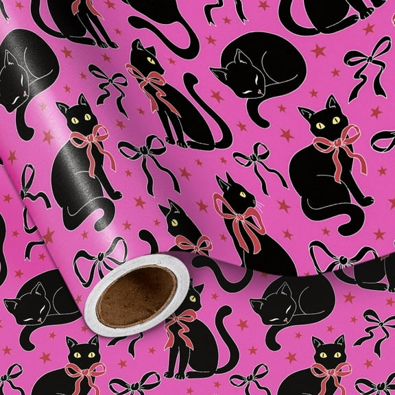 Black Cat Wrapping Paper Roll, Black Red Bows Hot Pink Background Gift Wrap for Birthday Valentines Cat Lovers, Mini Roll 17 Inches X 16.4 Feet