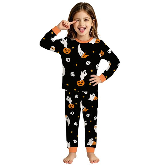 SJLDQY Girls Halloween Pajama Sets Long Sleeve Ghost Pumpkin Shirts Pants 2 Piece Pj Sets Fall Winter Sleepwear Cozy Comfy Loungewear Sets for Girls